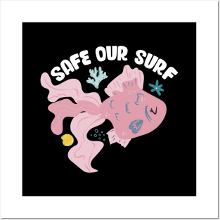 Safe our Surf quote with cute sea animal fish, starfish, coral and shell Posters and Art